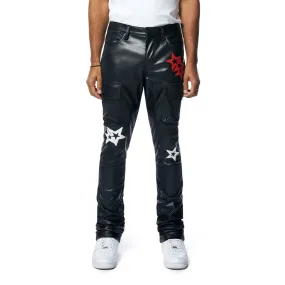 Stacked 3D Embroidered Vegan Leather Cargo Pants - Black