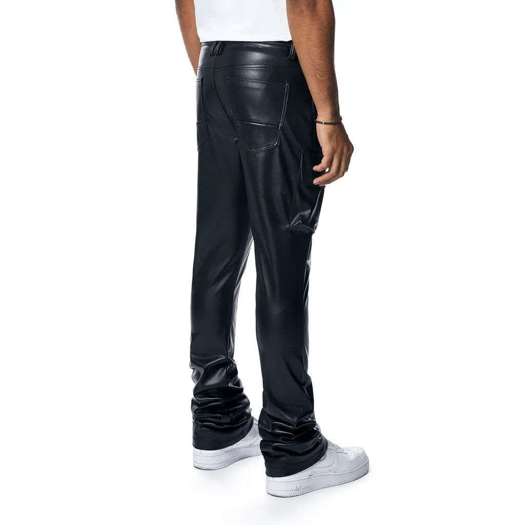 Stacked 3D Embroidered Vegan Leather Cargo Pants - Black