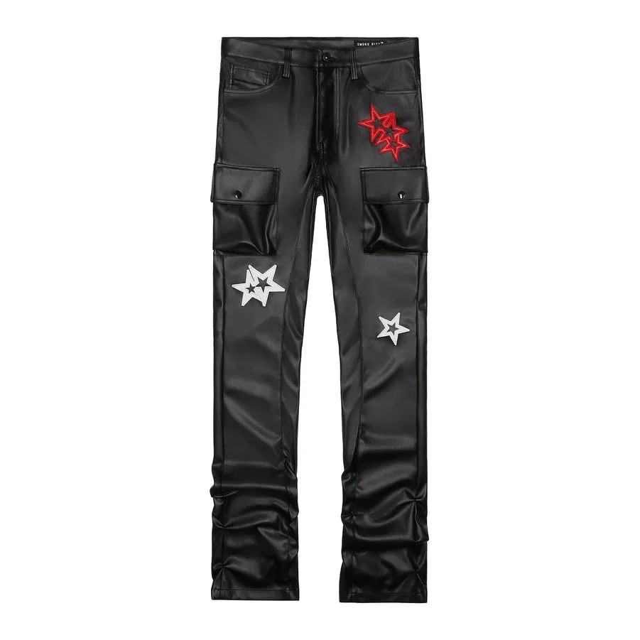 Stacked 3D Embroidered Vegan Leather Cargo Pants - Black