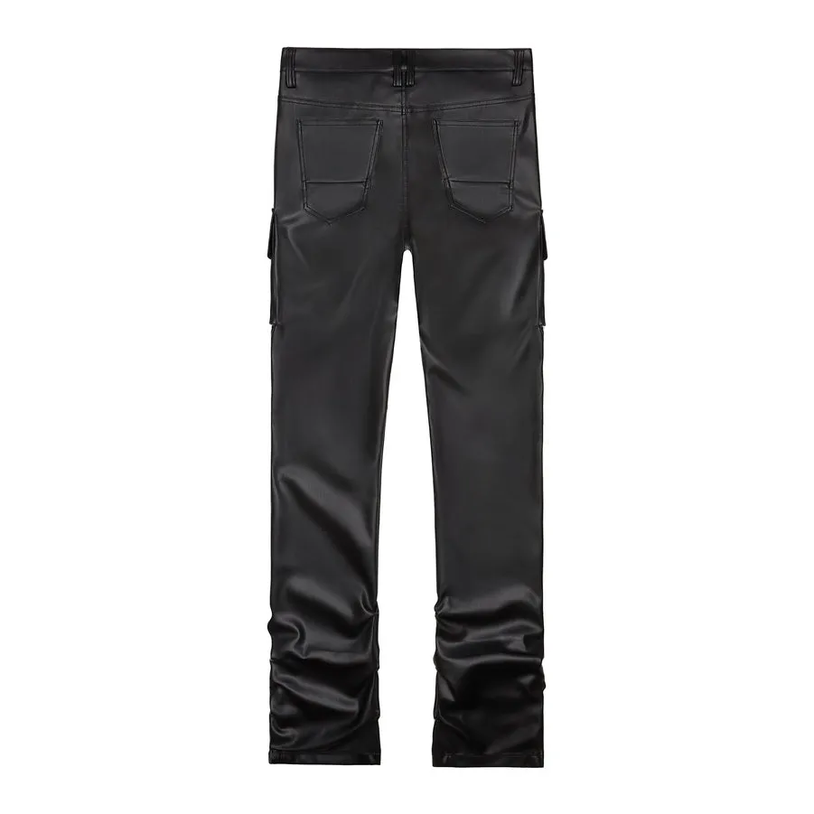 Stacked 3D Embroidered Vegan Leather Cargo Pants - Black