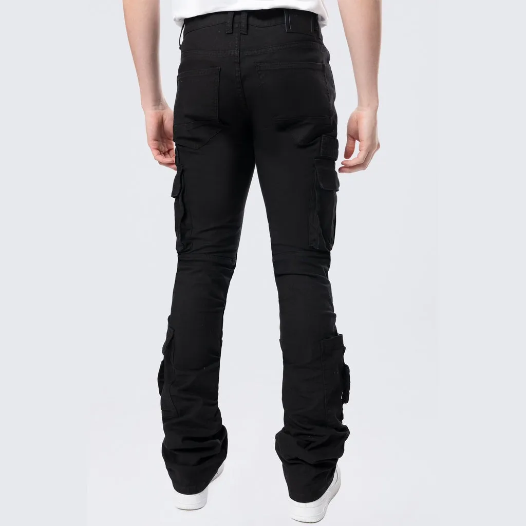 Stacked Flared Cargo Strap Canvas Pants - Black