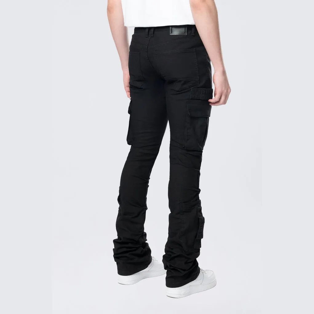 Stacked Flared Cargo Strap Canvas Pants - Black