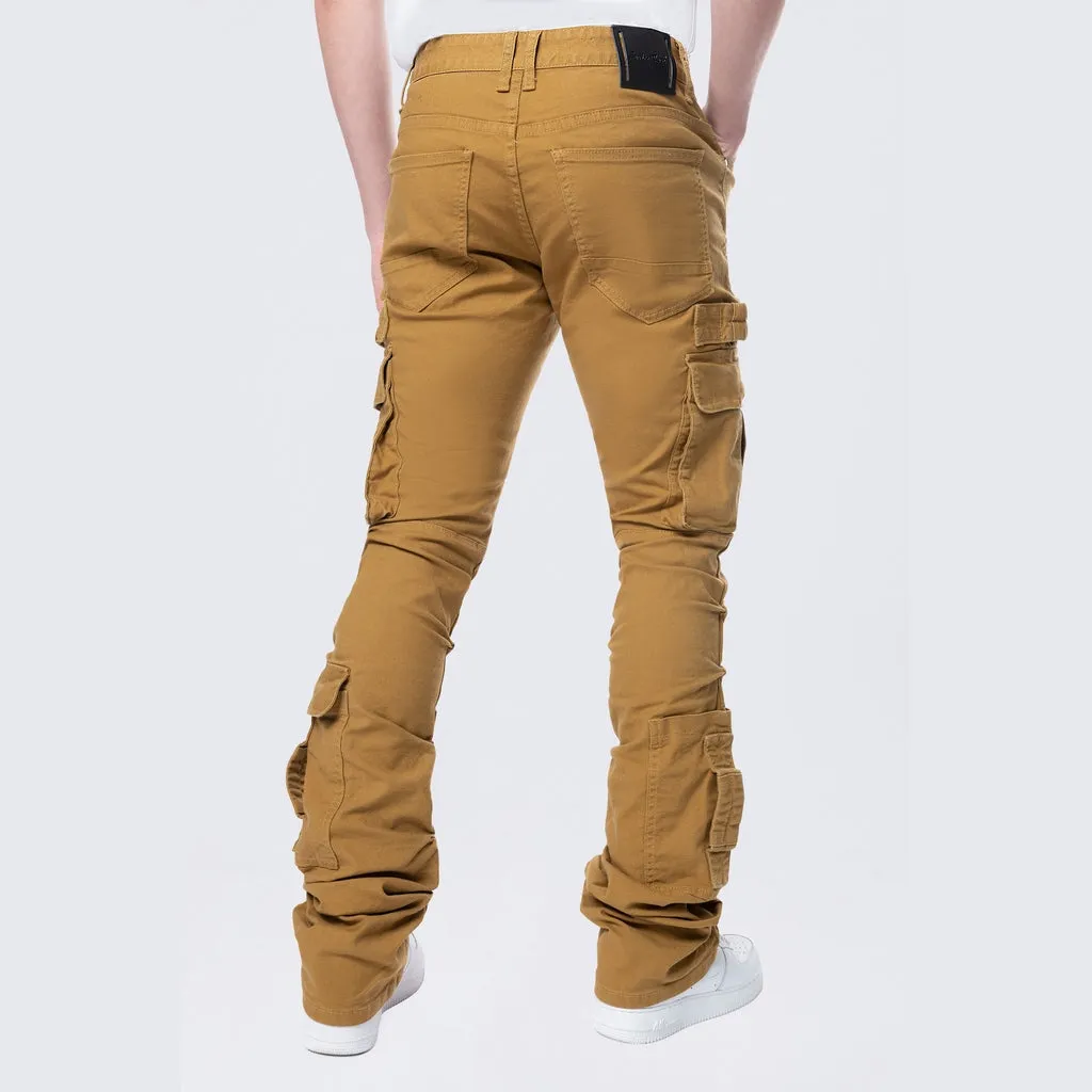 Stacked Flared Cargo Strap Canvas Pants - Wheat