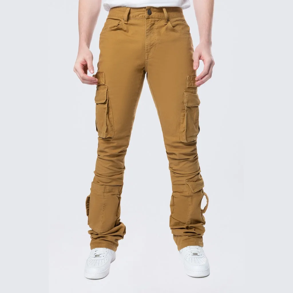 Stacked Flared Cargo Strap Canvas Pants - Wheat