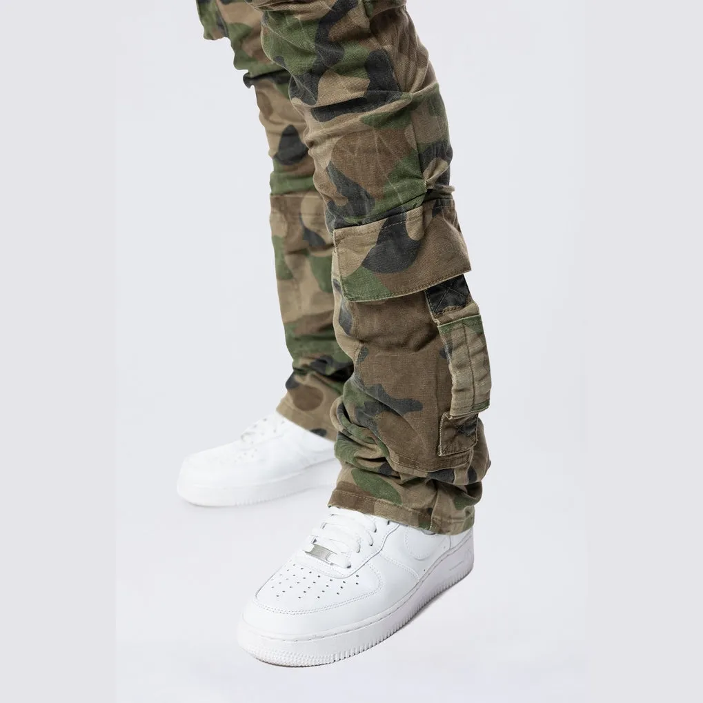 Stacked Flared Cargo Strap Canvas Pants - Wood Camo