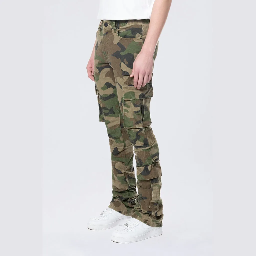 Stacked Flared Cargo Strap Canvas Pants - Wood Camo