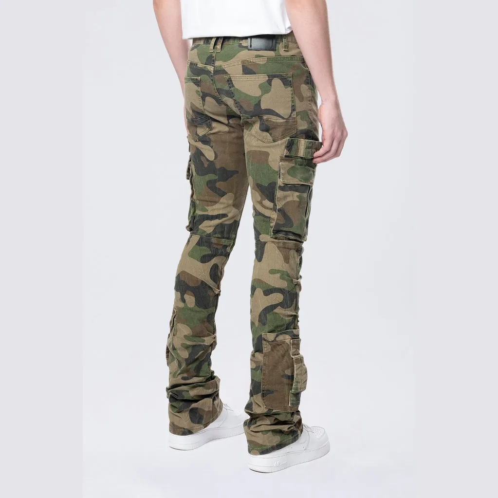 Stacked Flared Cargo Strap Canvas Pants - Wood Camo