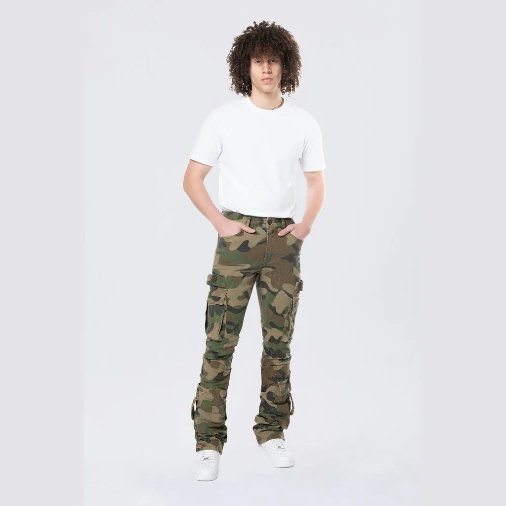 Stacked Flared Cargo Strap Canvas Pants - Wood Camo