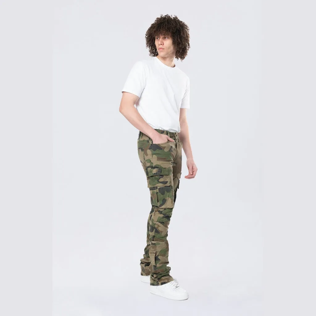 Stacked Flared Cargo Strap Canvas Pants - Wood Camo