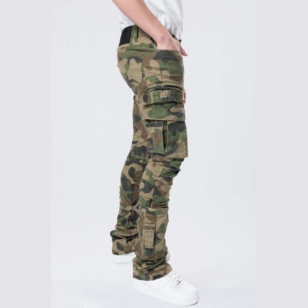 Stacked Flared Cargo Strap Canvas Pants - Wood Camo