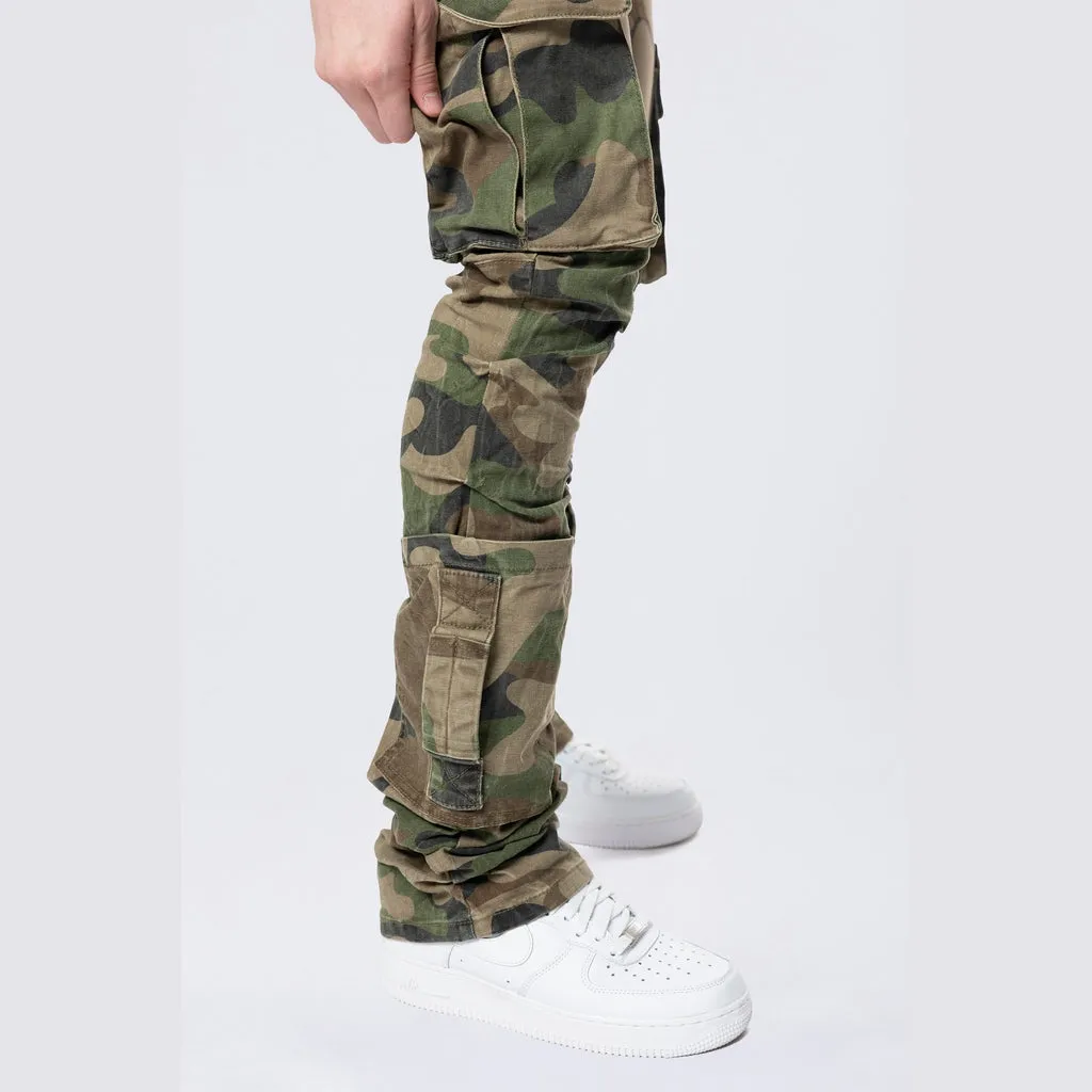 Stacked Flared Cargo Strap Canvas Pants - Wood Camo