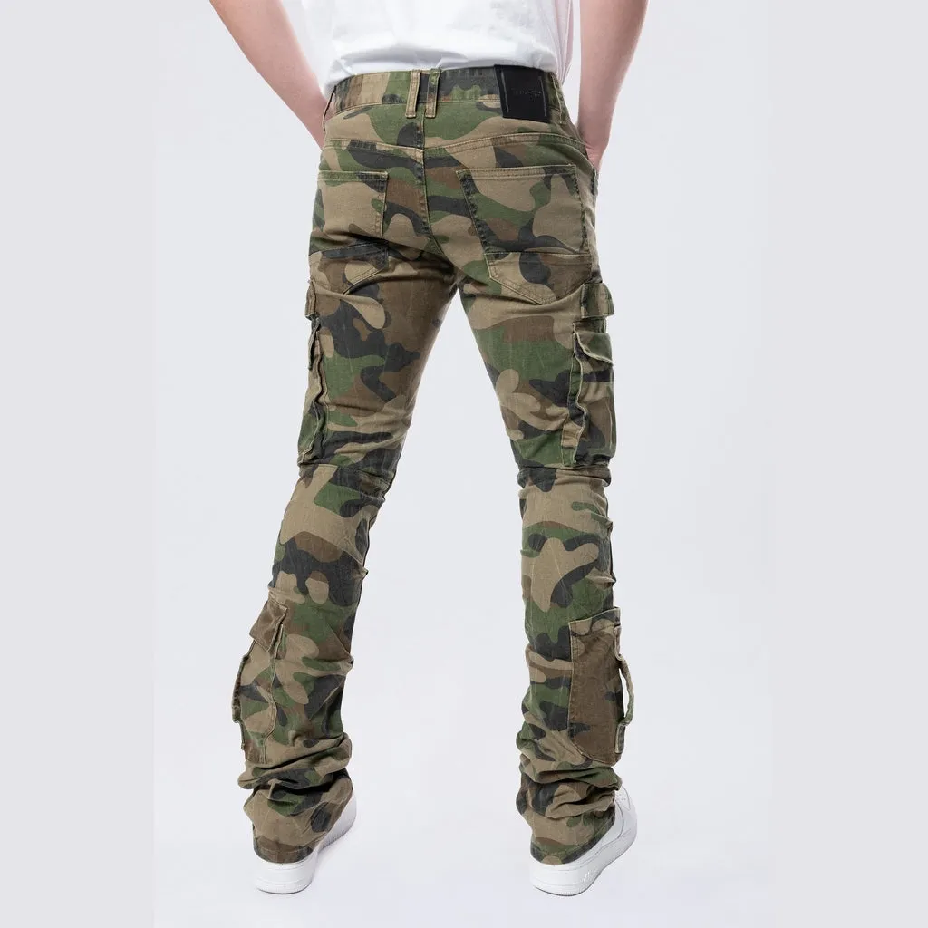 Stacked Flared Cargo Strap Canvas Pants - Wood Camo