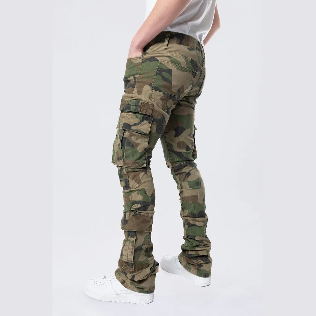 Stacked Flared Cargo Strap Canvas Pants - Wood Camo