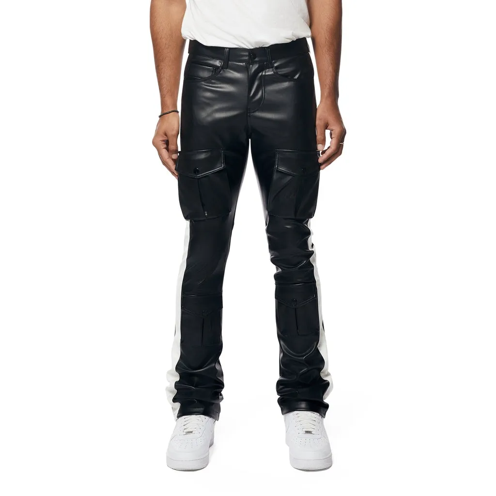 Stacked Striped Vegan Leather Cargo Pants - Black