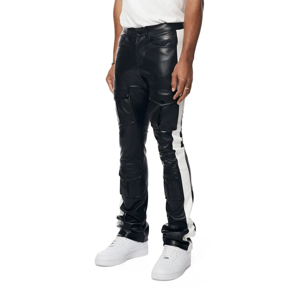 Stacked Striped Vegan Leather Cargo Pants - Black