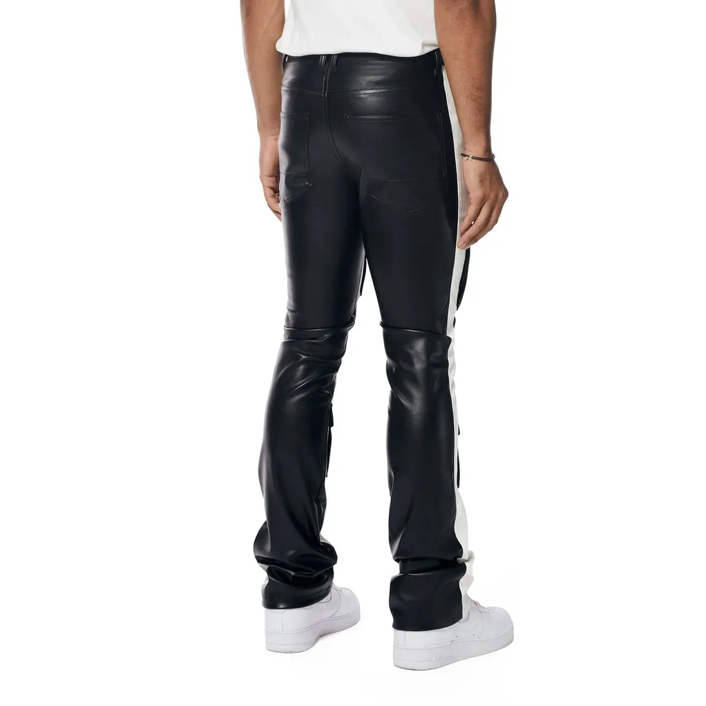 Stacked Striped Vegan Leather Cargo Pants - Black