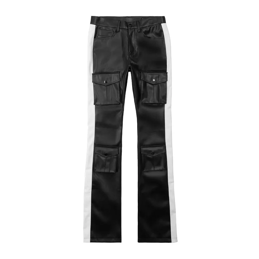 Stacked Striped Vegan Leather Cargo Pants - Black