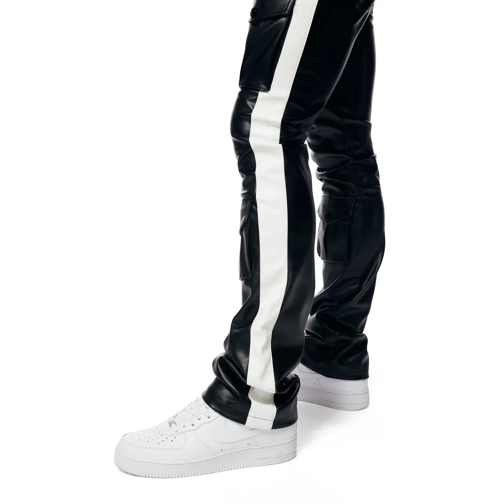 Stacked Striped Vegan Leather Cargo Pants - Black