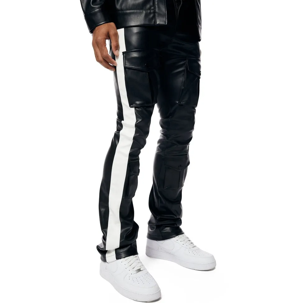 Stacked Striped Vegan Leather Cargo Pants - Black