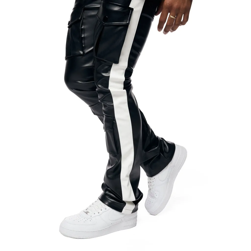 Stacked Striped Vegan Leather Cargo Pants - Black