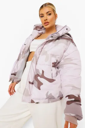 Tonal Camo Hooded Crop Puffer Jacket