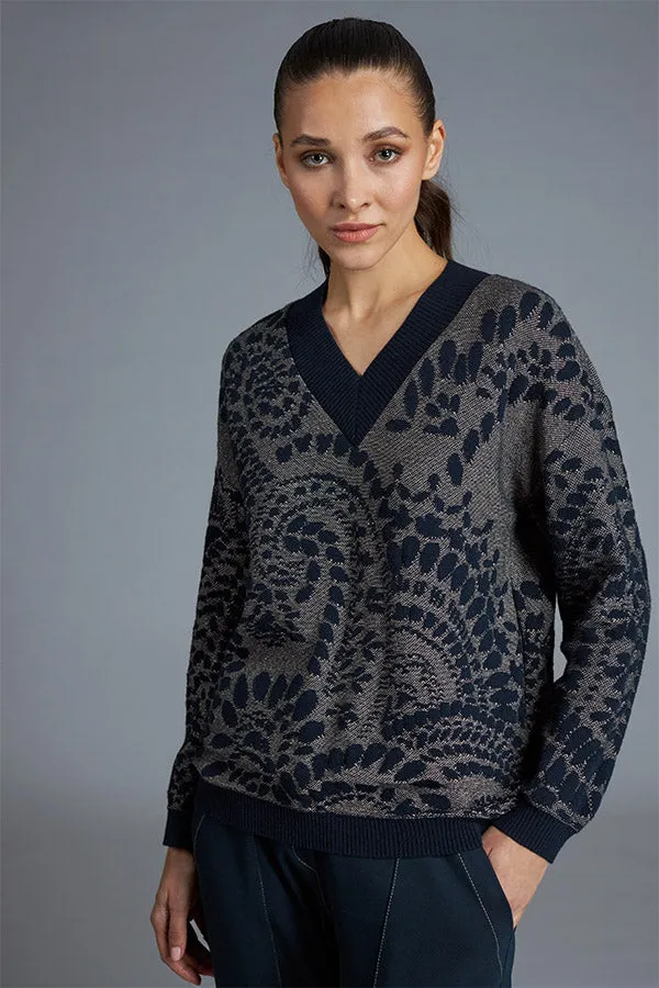 Tricot Chic NAVY JACQUARD V-NECK SWEATER