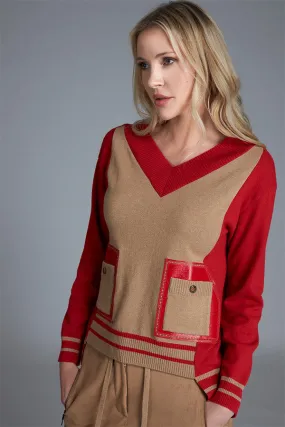 Tricot Chic RED CAMEL V-NECK SWEATER