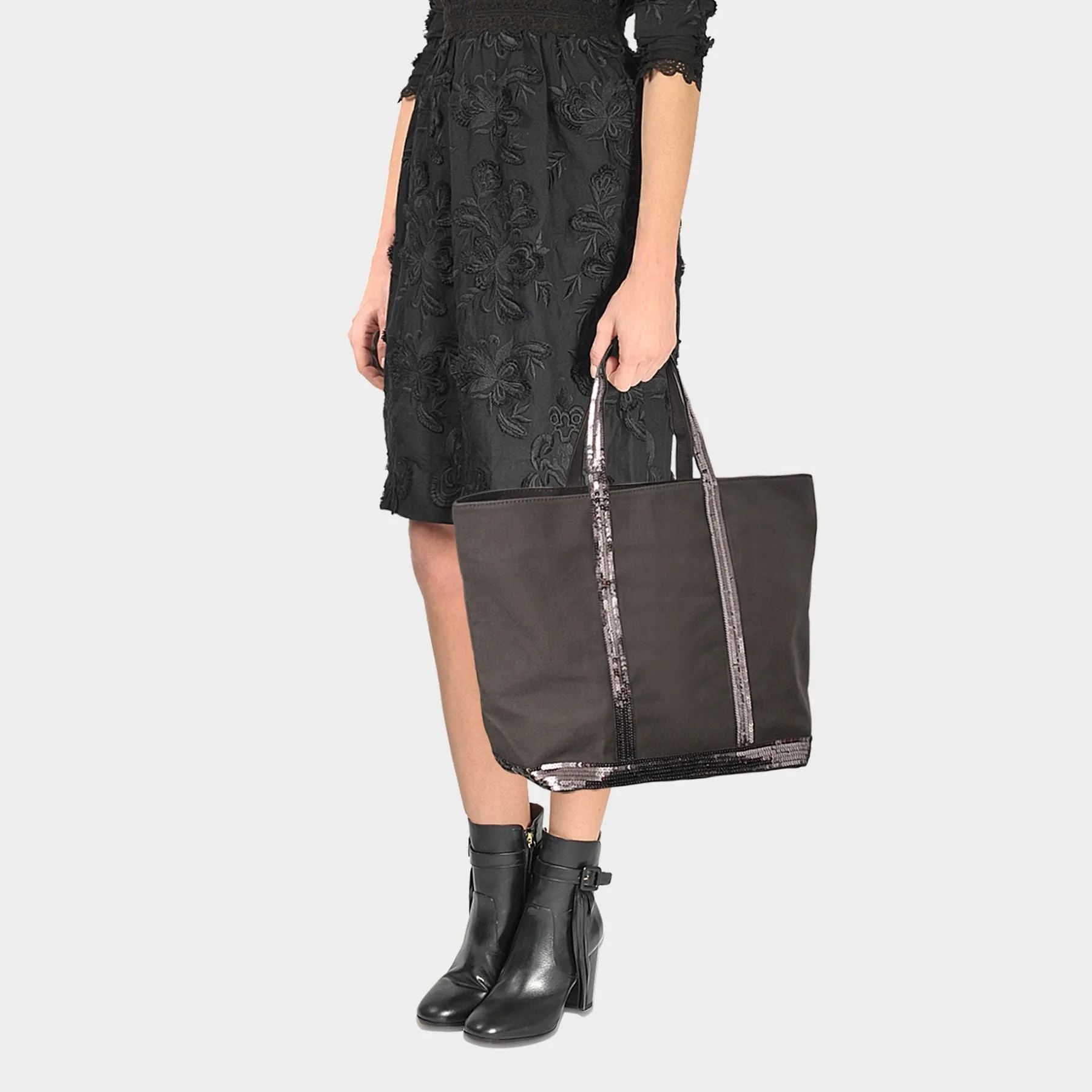 Vanessa Bruno  Canvas and Sequin Tote Bag L + Zipped in Charcoal Cotton