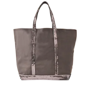 Vanessa Bruno  Canvas and Sequin Tote Bag L + Zipped in Charcoal Cotton