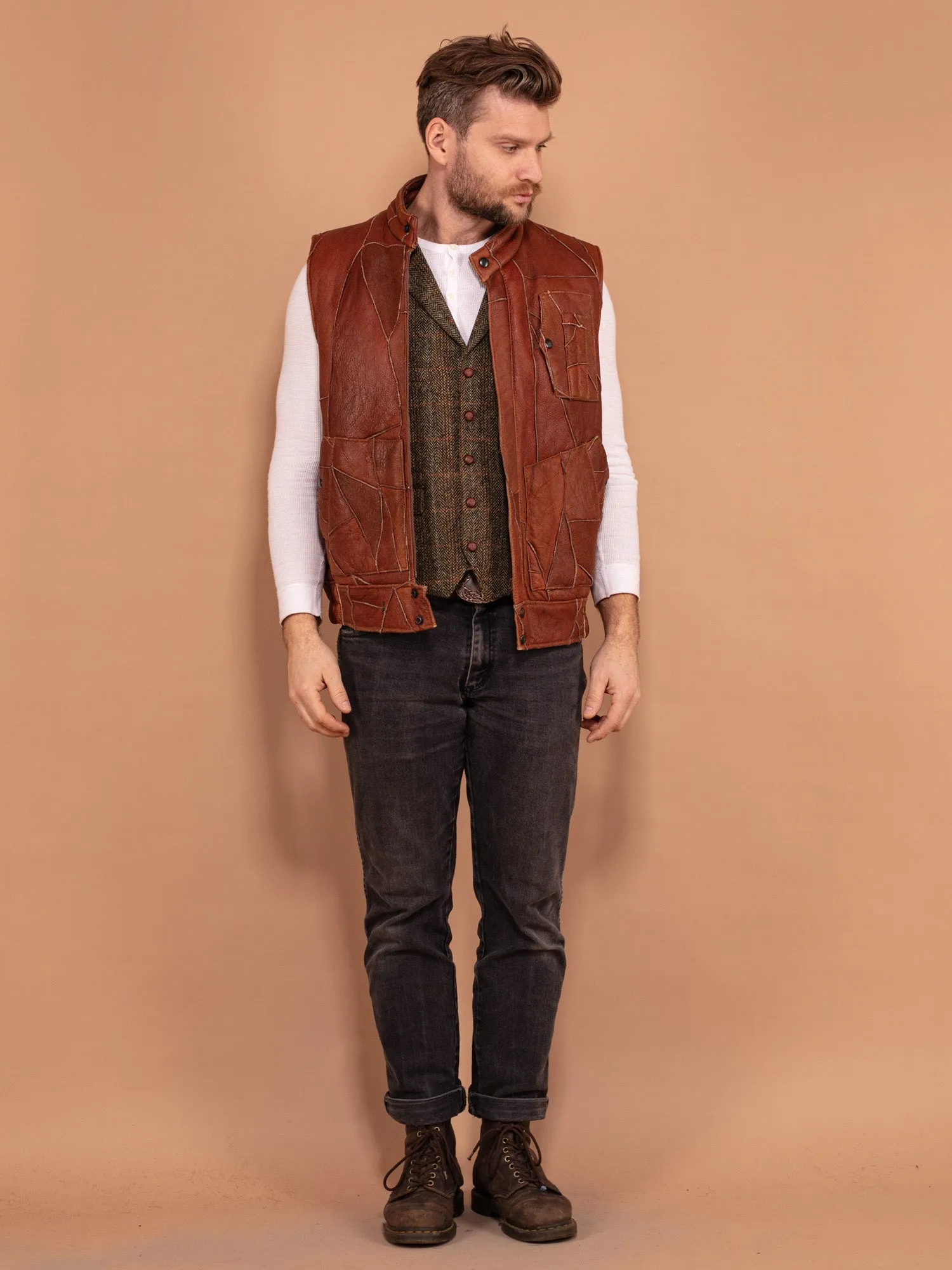 Vintage 70's Men Patchwork Sheepskin Vest in Brown