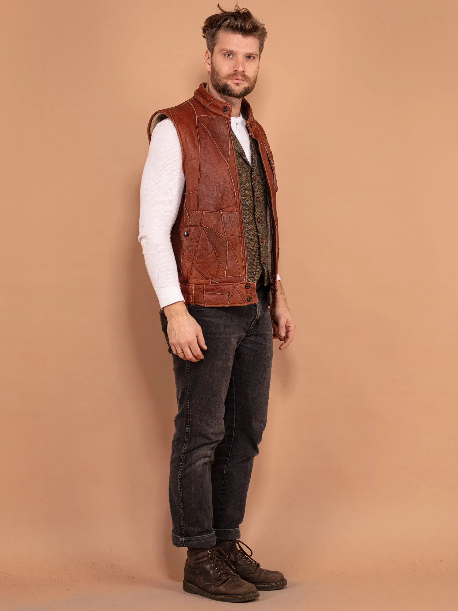 Vintage 70's Men Patchwork Sheepskin Vest in Brown