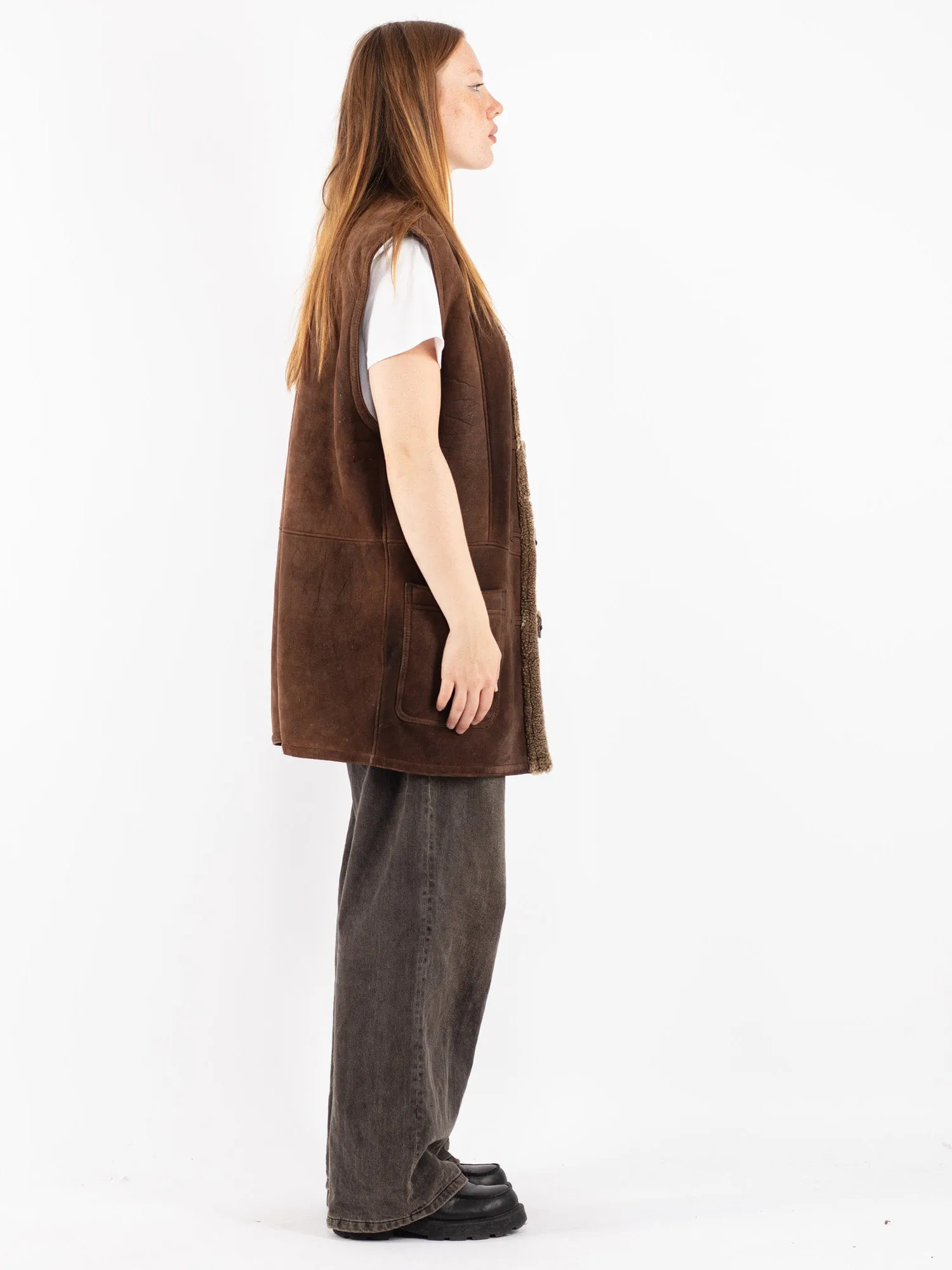 Vintage 80's Women Oversized Sheepskin Vest in Brown