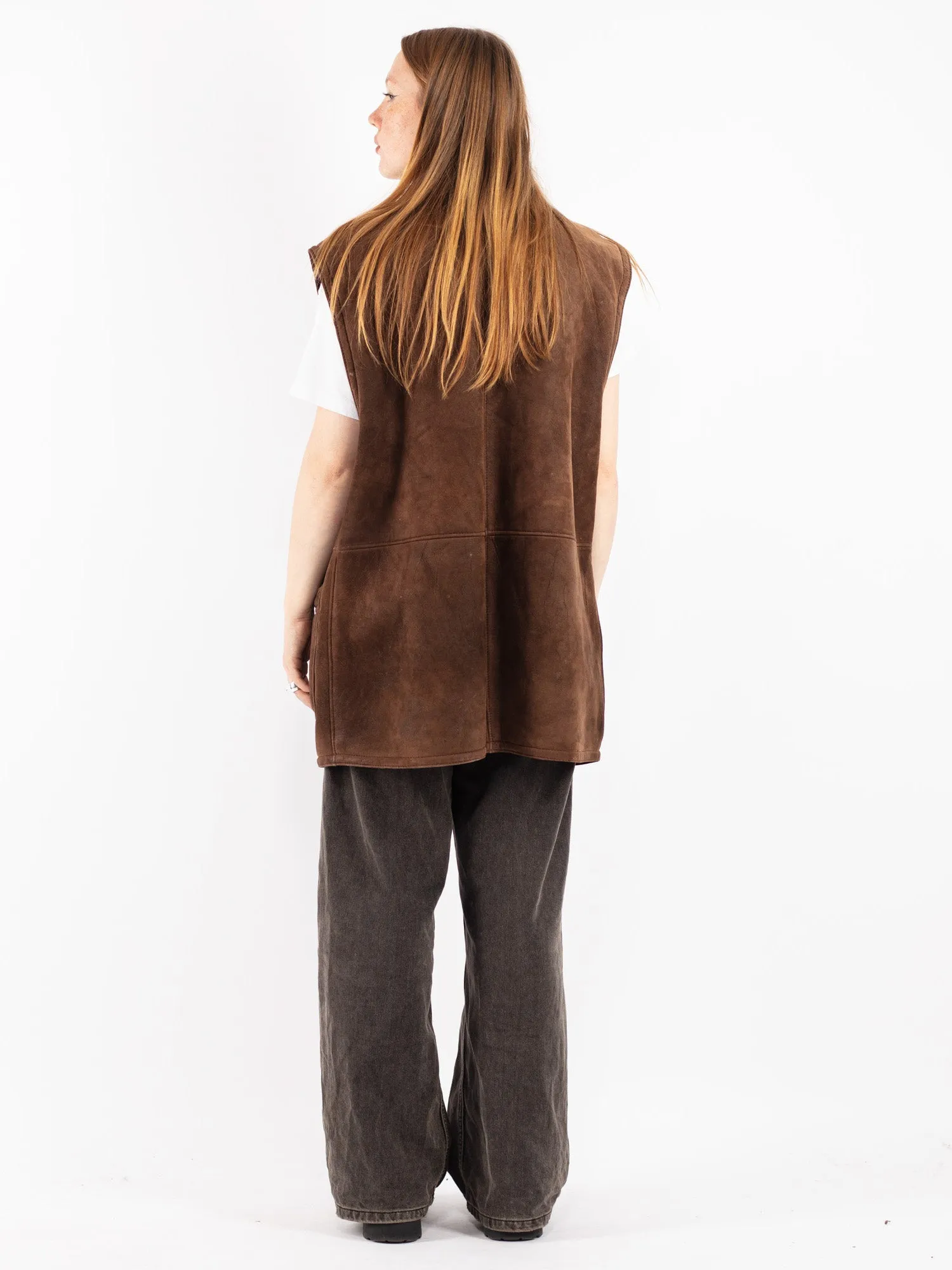 Vintage 80's Women Oversized Sheepskin Vest in Brown