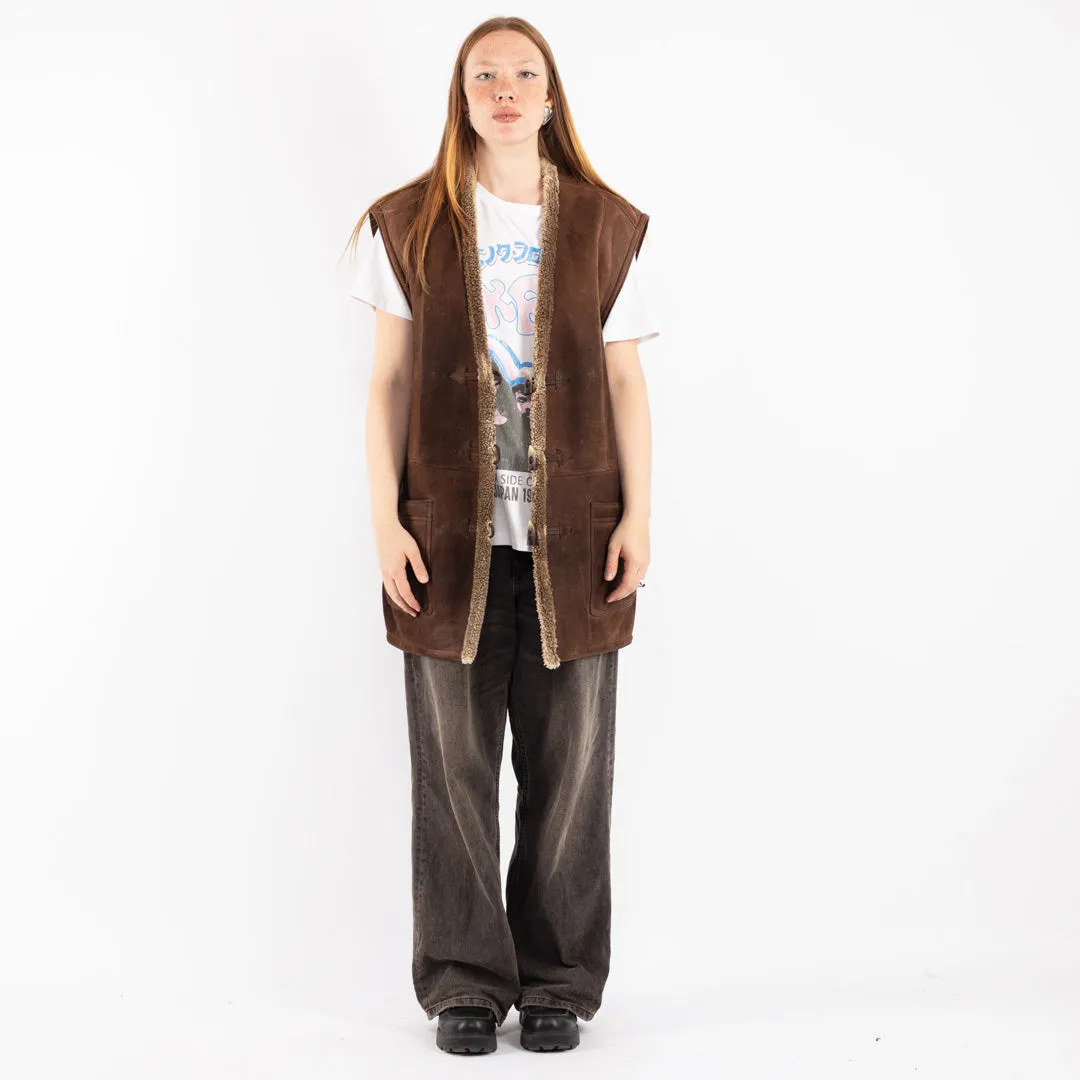 Vintage 80's Women Oversized Sheepskin Vest in Brown