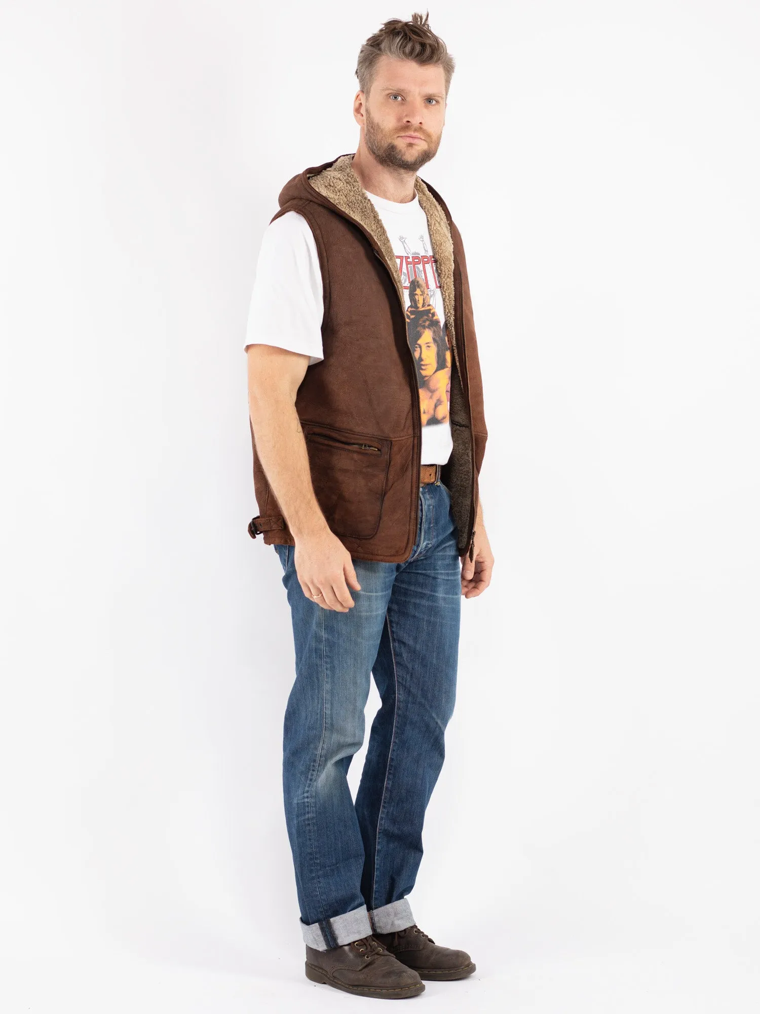 Vintage 90's Men Hooded Sheepskin Vest in Brown