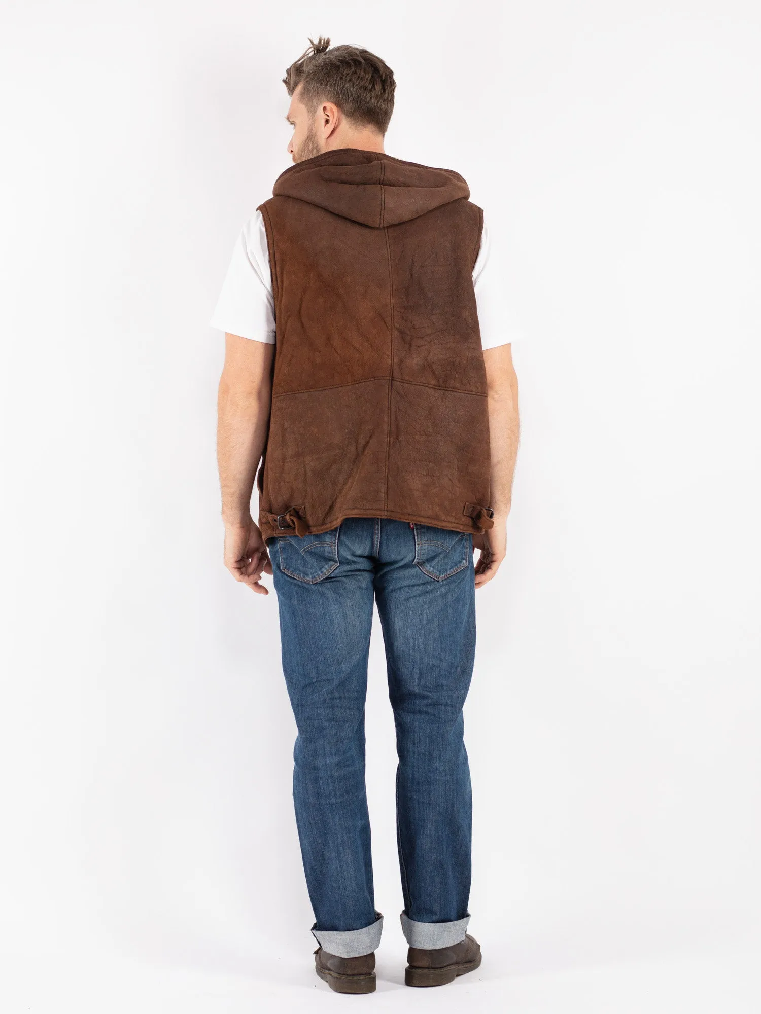 Vintage 90's Men Hooded Sheepskin Vest in Brown