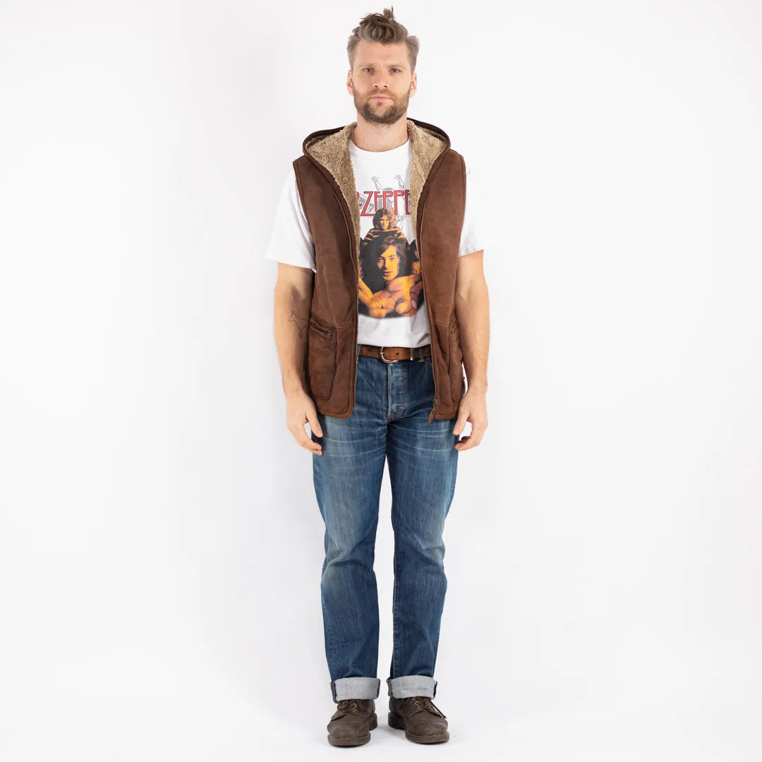 Vintage 90's Men Hooded Sheepskin Vest in Brown