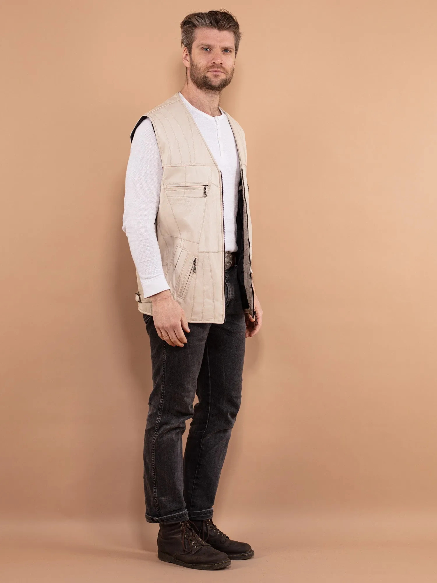 Vintage 90's Men Leather Vest in Beige