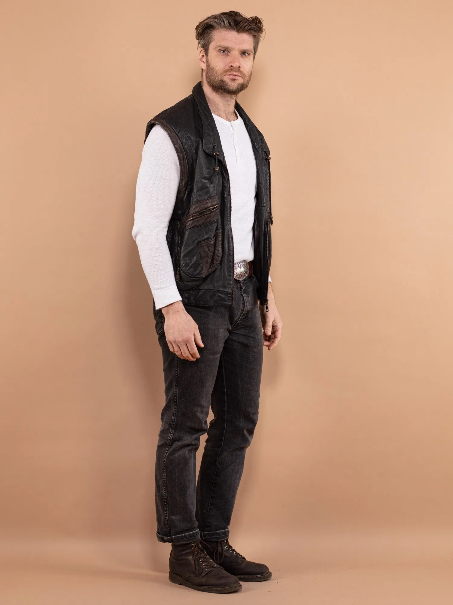 Vintage 90's Men Leather Vest in Black