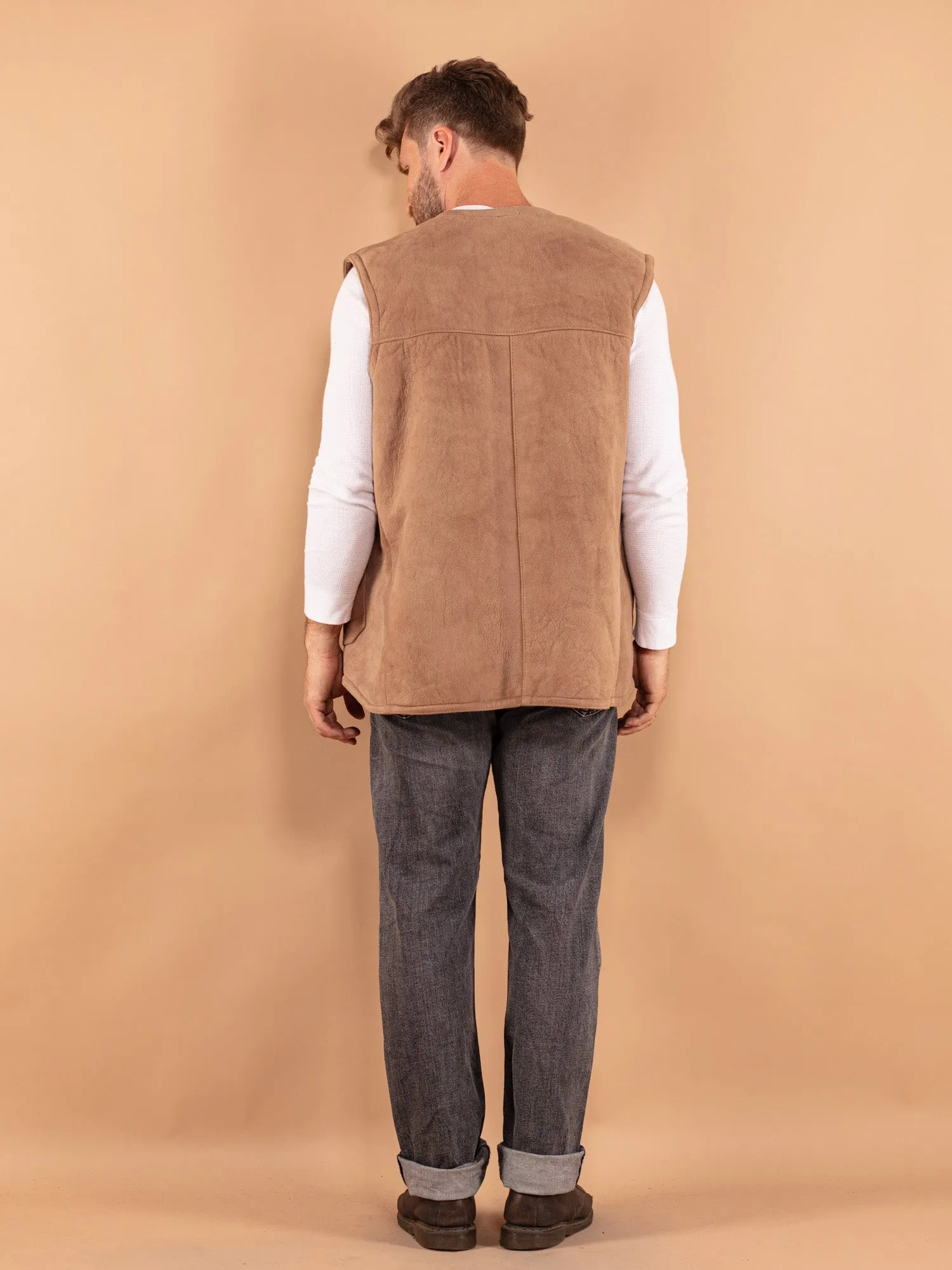 Vintage 90's Men Oversized Sheepskin Vest in Beige