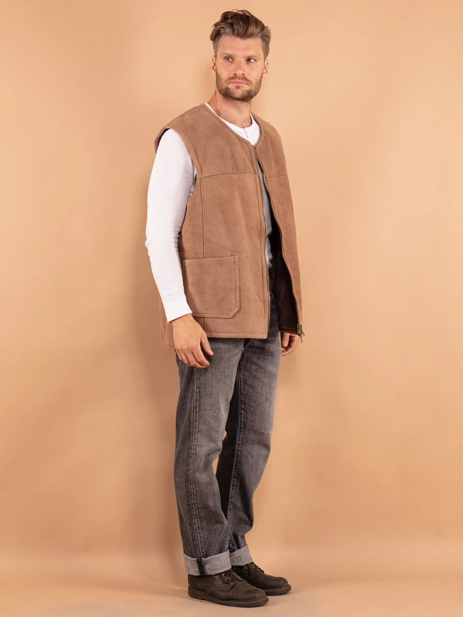 Vintage 90's Men Oversized Sheepskin Vest in Beige