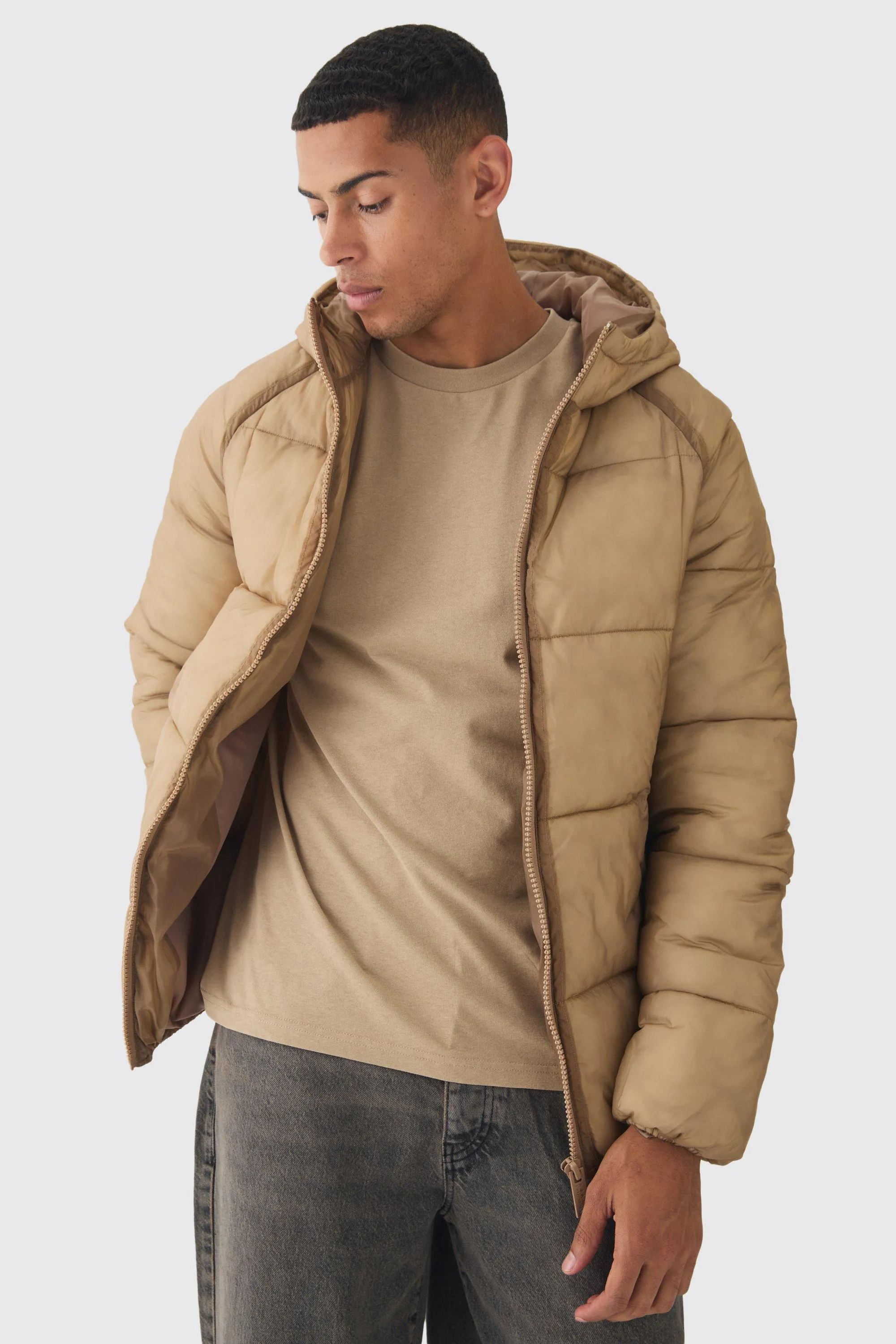 Washed Seam Hooded Puffer Jacket In Camel