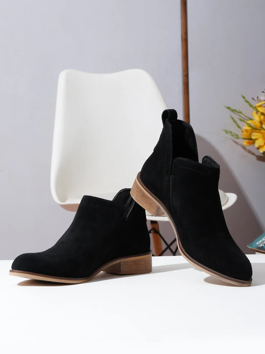 Women's Black Suede Leather Blocked Heel Boots