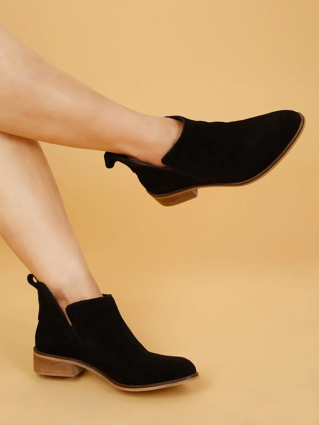 Women's Black Suede Leather Blocked Heel Boots