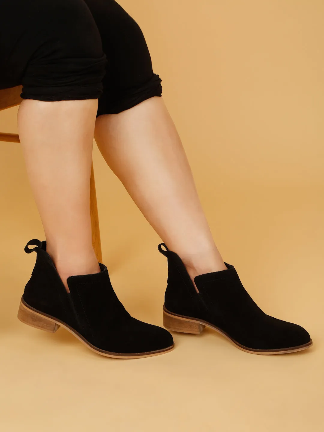 Women's Black Suede Leather Blocked Heel Boots