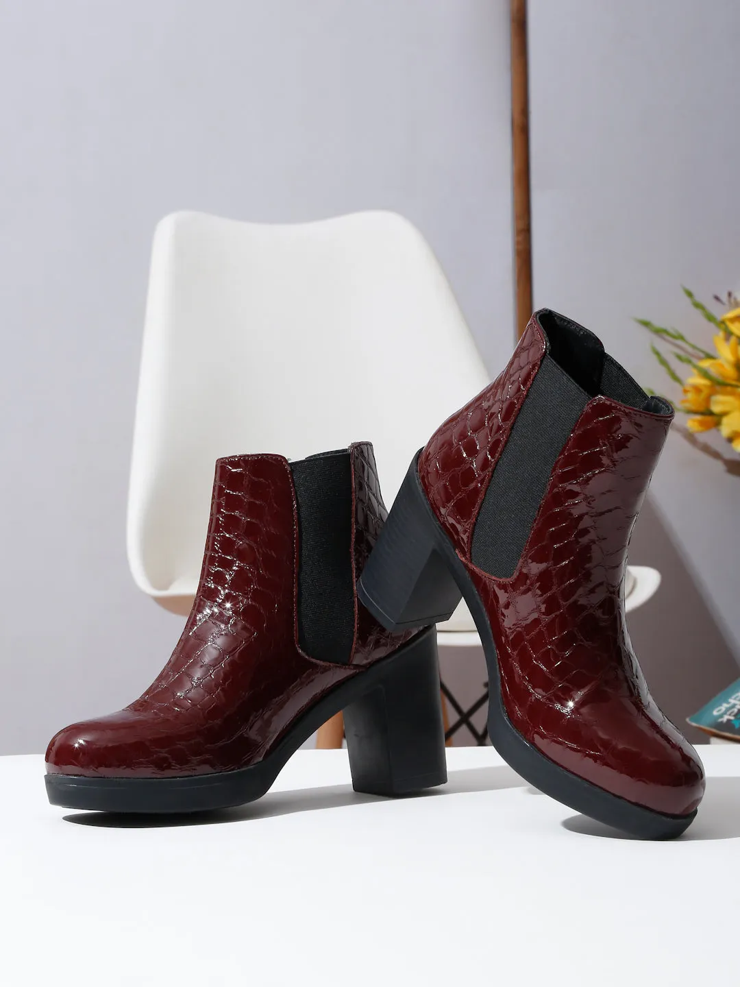 Women's Cherry Croco Texture Lether Mid - Ankle High Heeled Boots