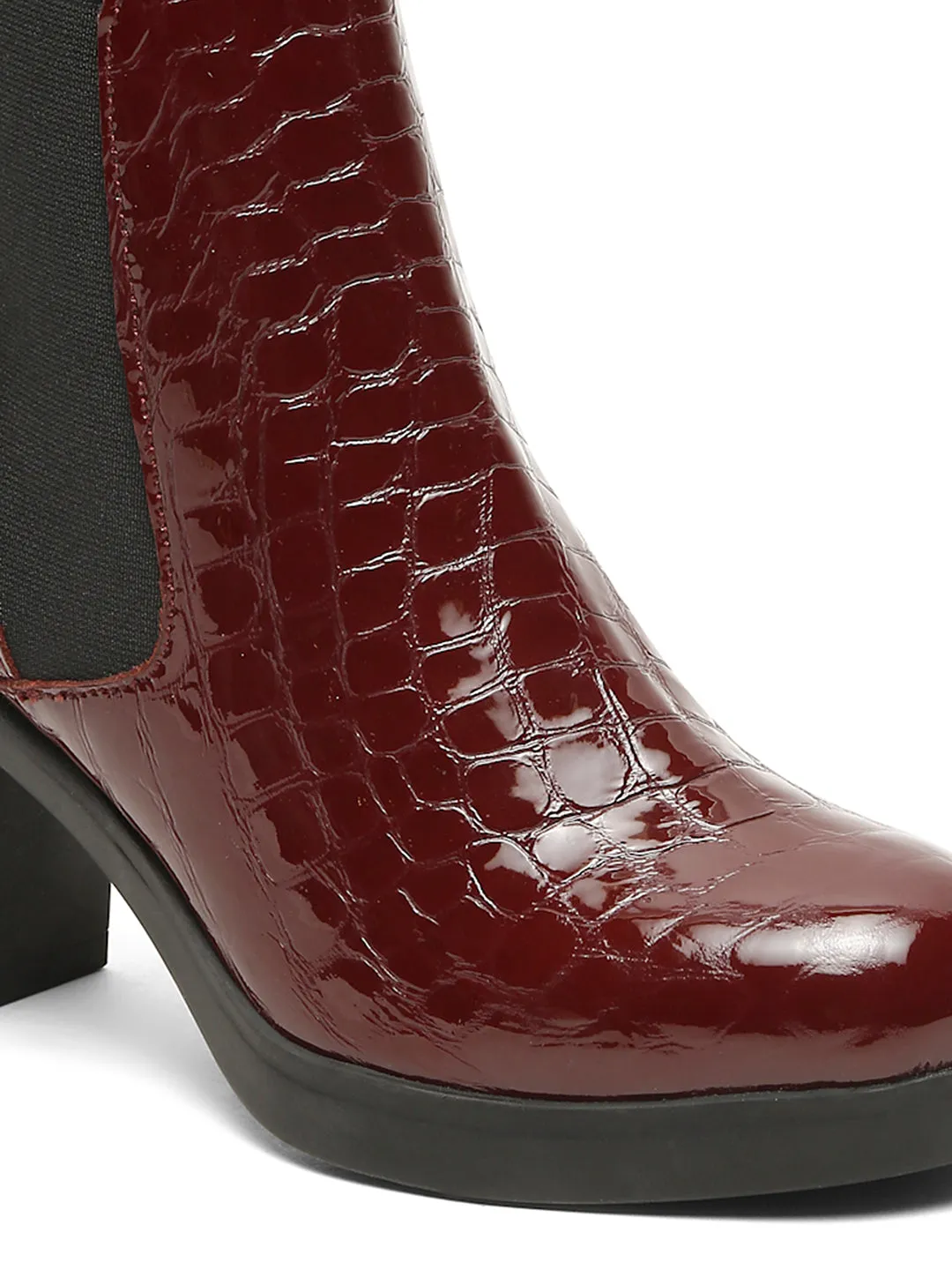 Women's Cherry Croco Texture Lether Mid - Ankle High Heeled Boots