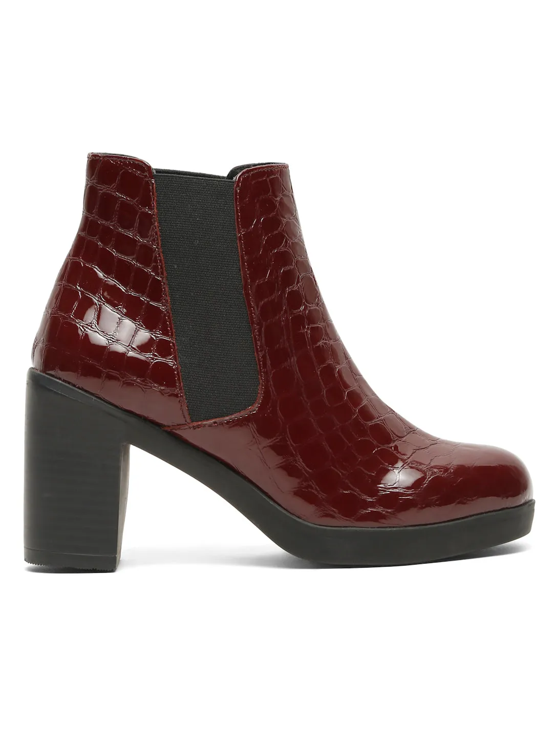 Women's Cherry Croco Texture Lether Mid - Ankle High Heeled Boots