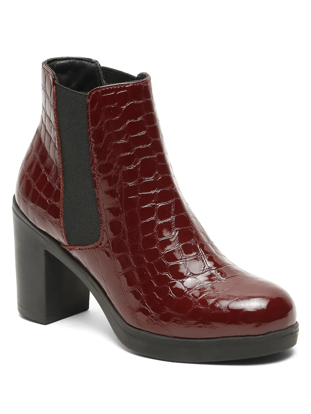 Women's Cherry Croco Texture Lether Mid - Ankle High Heeled Boots