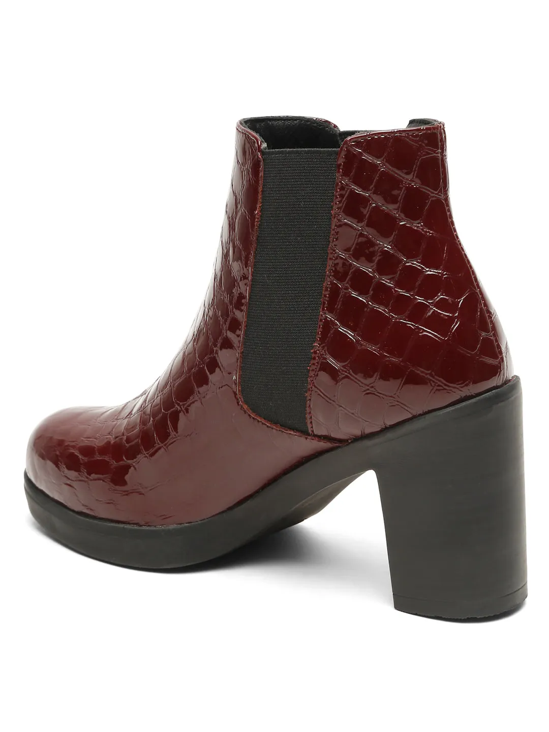 Women's Cherry Croco Texture Lether Mid - Ankle High Heeled Boots